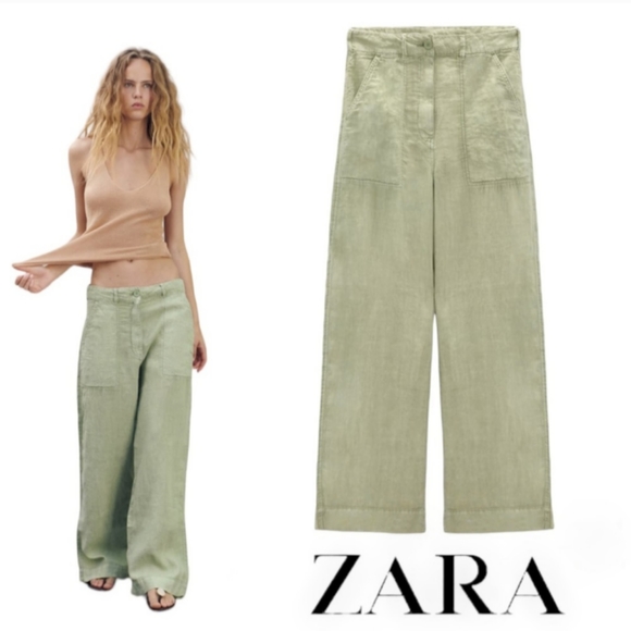 Zara Pants - NWT Zara Wide Leg Sage Green Light Khaki Linen Pants XL